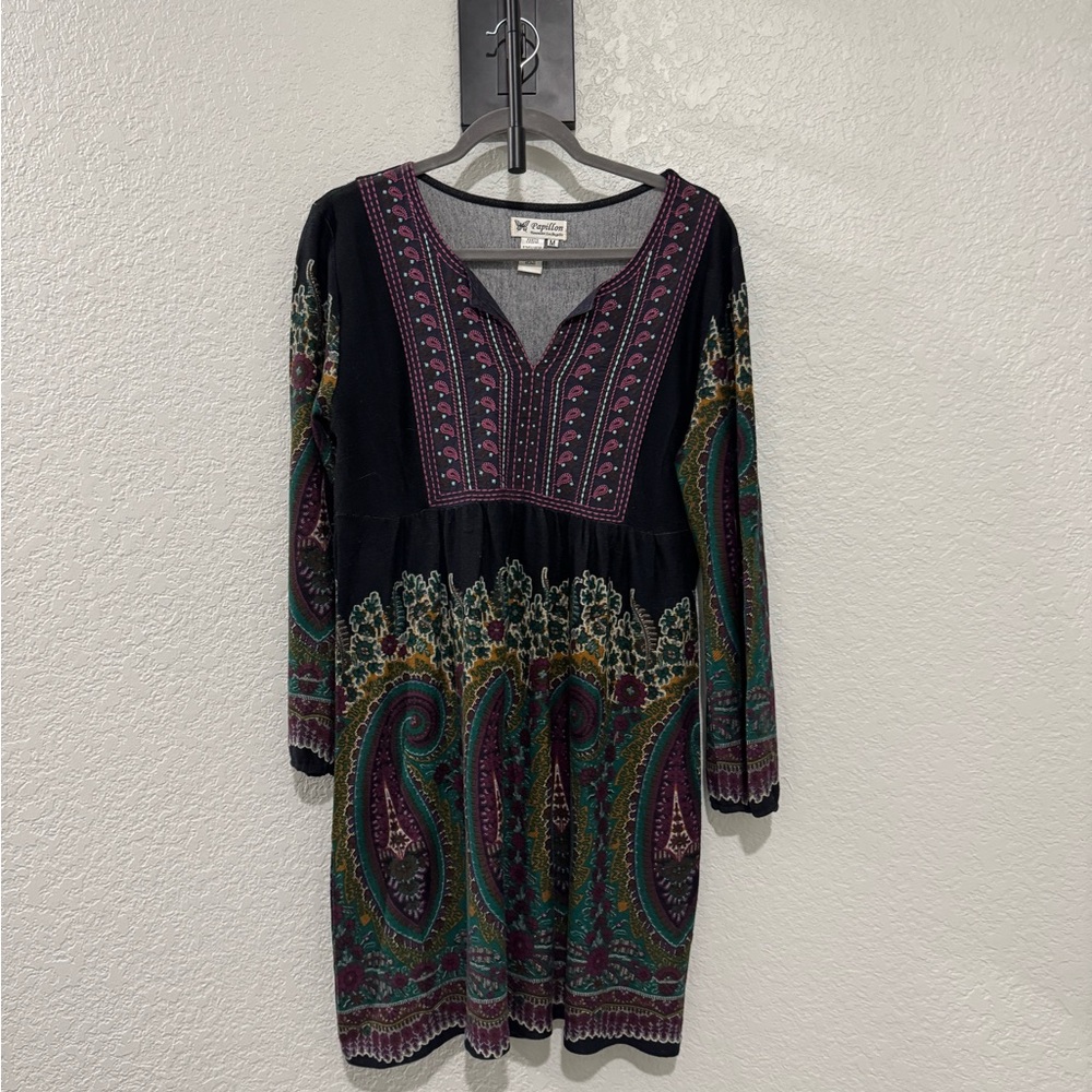 Navy Paisley Long Sleeve Dress